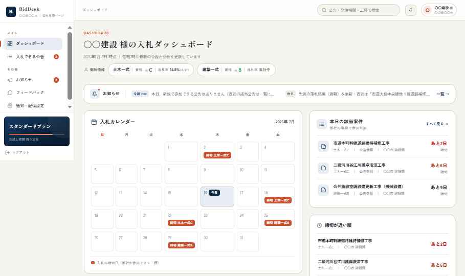 BidDesk 会員サイト（デモ）のダッシュボード画面
