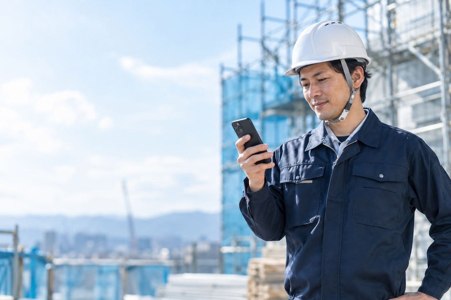 建設現場でスマートフォンを確認する作業服の男性